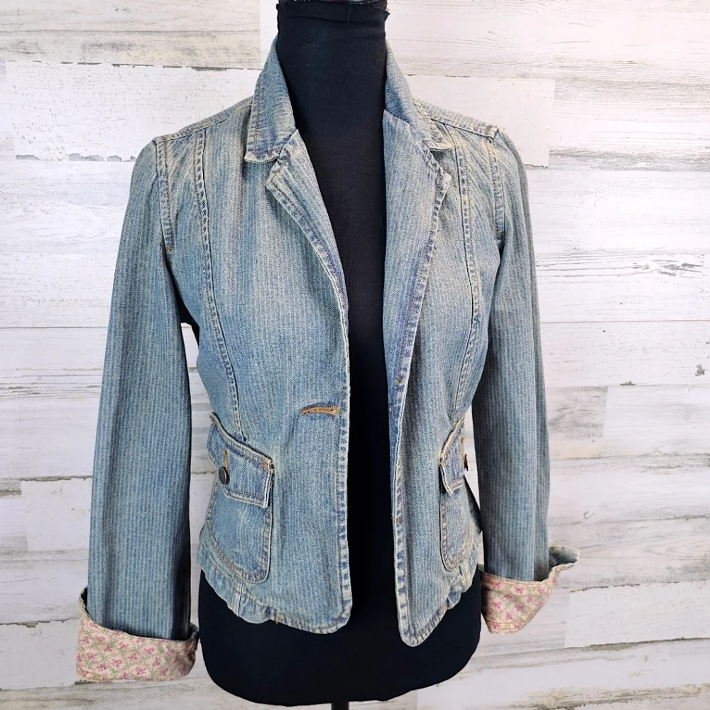 True Vintage Mossimo Paris Hilton Style Fitted Y2K Pinstripe Denim Jacket Small